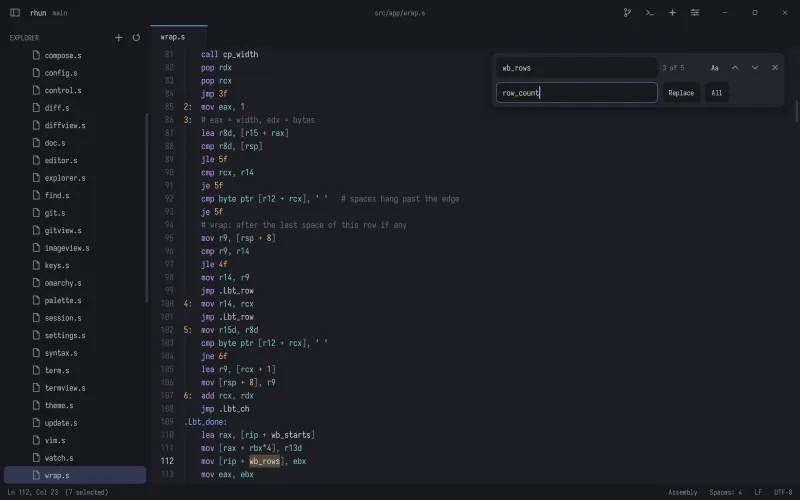 Find and replace in rhun: the replace bar over an assembly file, with the matches highlighted
