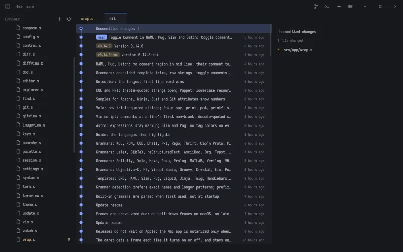 Git history in rhun: the commit graph with tags and the uncommitted changes