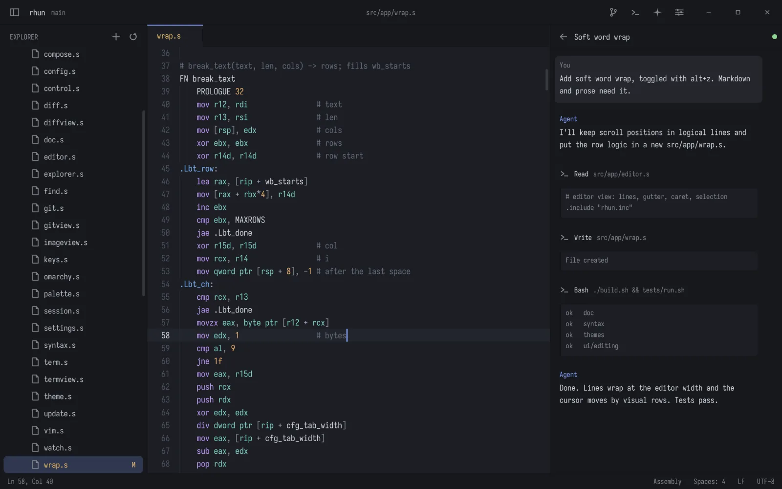 rhun on Linux with the Rhun Dark theme: the file explorer, an assembly file with syntax highlighting, and the agents panel showing a Claude Code session