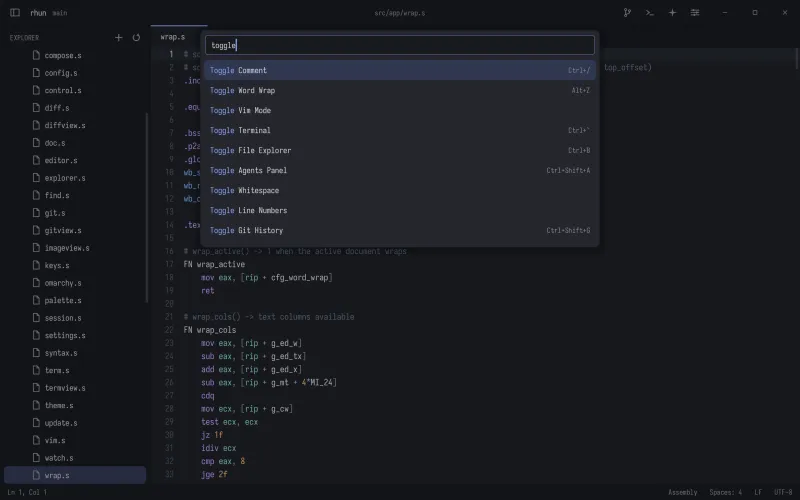 The command palette in rhun listing the toggle commands with their shortcuts