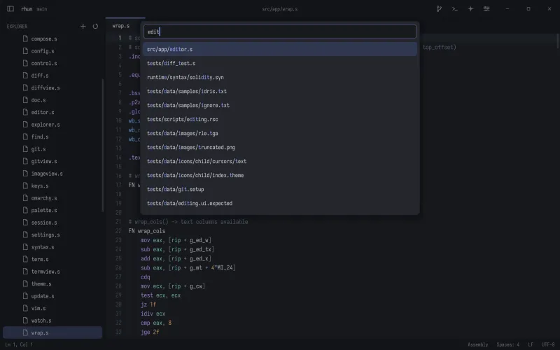 Go to File in rhun: a fuzzy file search listing files that match edit