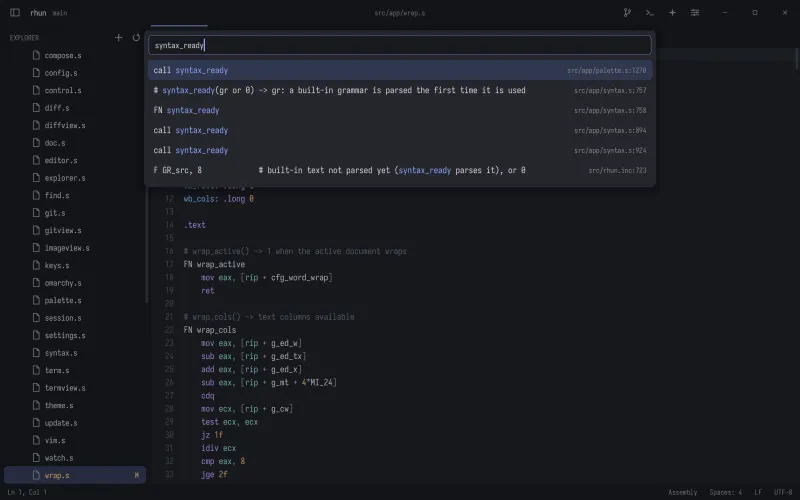 Find in files in rhun: matches across the project with their files and lines