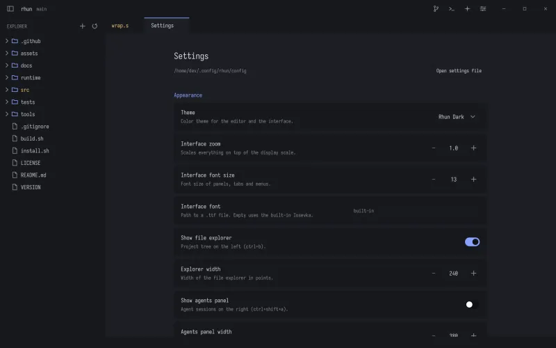 The settings page in rhun: theme, interface zoom, font and panel options