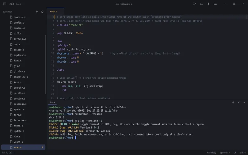 The terminal panel in rhun: building rhun, printing its version and the git log, under the editor