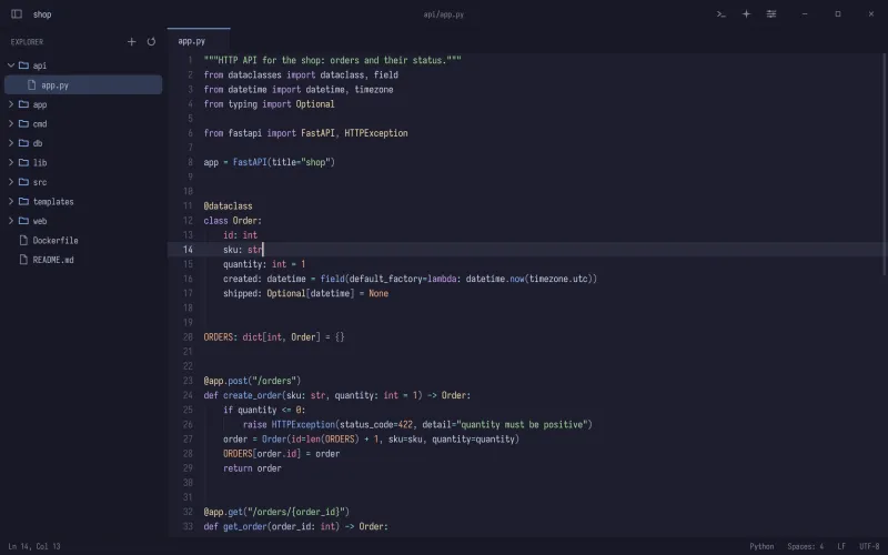 rhun with the Catppuccin Mocha theme, editing Python