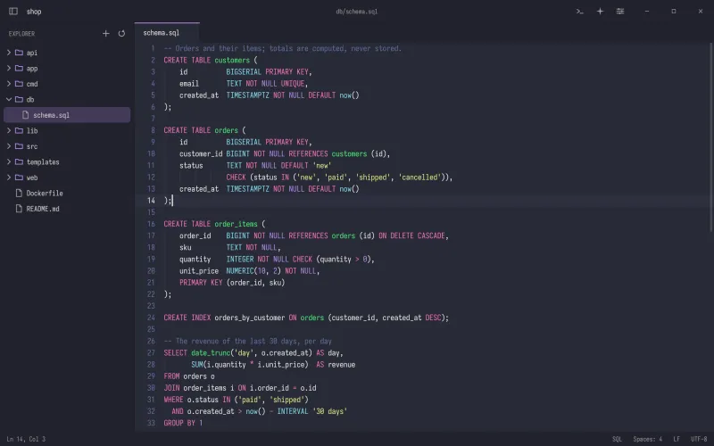 rhun with the Dracula theme, editing SQL