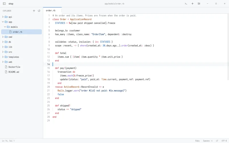 rhun with the GitHub Light theme, editing Ruby