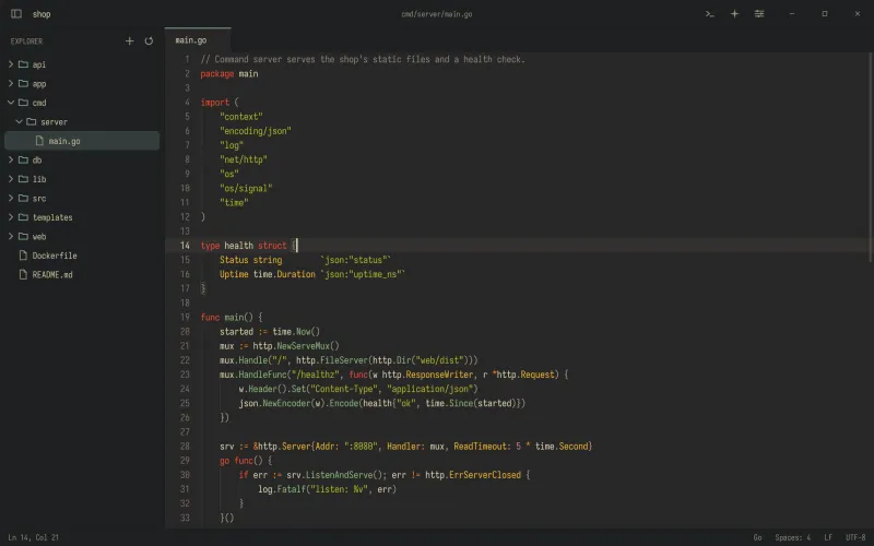 rhun with the Gruvbox Dark theme, editing Go