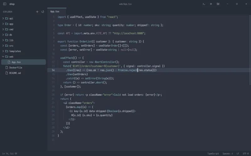 rhun with the Nord theme, editing a TypeScript React component