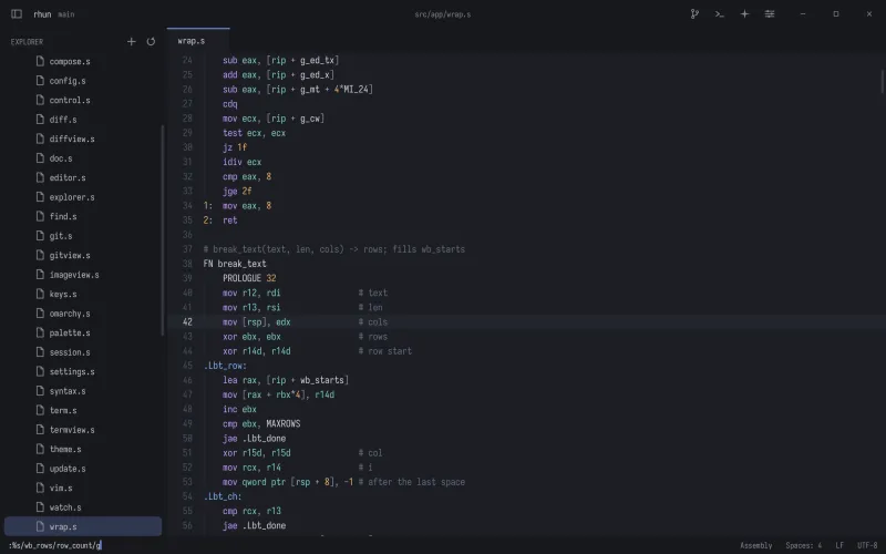 Vim mode in rhun: a block cursor in normal mode and a substitute command typed on the command line